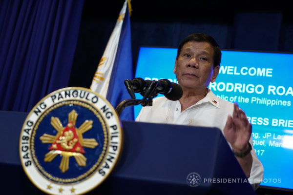 TIRADE VS EU. President Rodrigo Duterte delivers a speech during the relaunching of the Malacañang Press Briefing Room at the New Executive Building on October 12, 2017. Malacañang photo