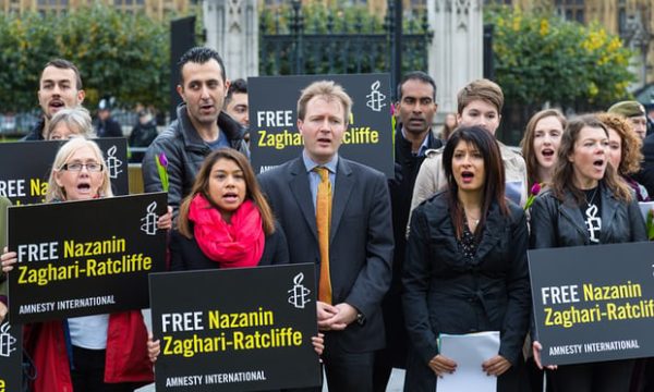 Nazanin Zaghari-Ratcliffe’s husband, Richard Ratcliffe, centre, protested last week in Parliament Square against the imprisonment. Photograph: Paul Davey / Barcroft Images