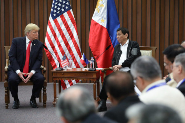 President Rodrigo Roa Duterte and US President Donald Trump discusses matters during a bilateral meeting at the Philippine International Convention Center in Pasay City on November 13, 2017. ROBINSON NIÑAL JR./PRESIDENTIAL PHOTO