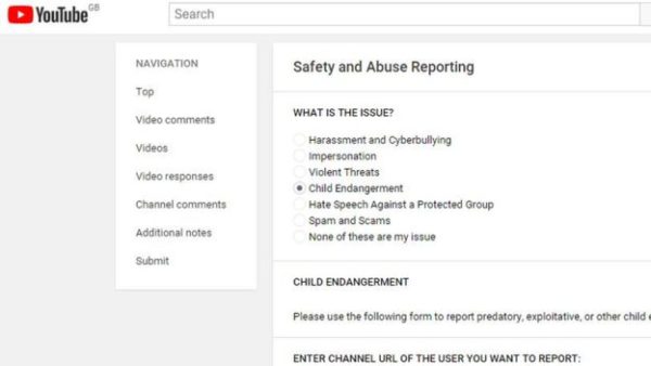 The form where YouTube users can report violations.