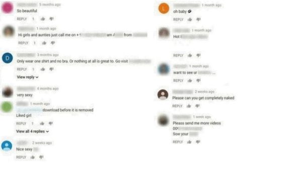 Some of the comments found and reported on children's videos, which have now been deleted