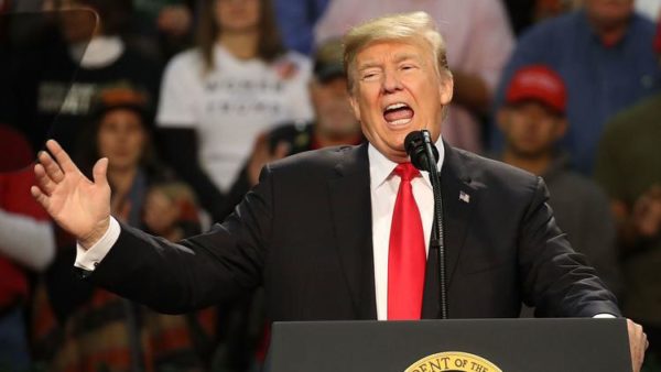 President Trump, speaking at a rally in Pensacola, Fla., on Friday night, repeated his support for Republican senatorial candidate Roy Moore in neighboring Alabama. (Joe Raedle / Getty Images)