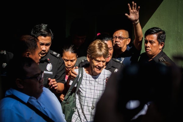 Australian nun Patricia Fox of the Our Lady of Sion Sisters, emerges from the Bureau of Immigration in Manila after her release from detention on April 17. (Photo by Mark Saludes)