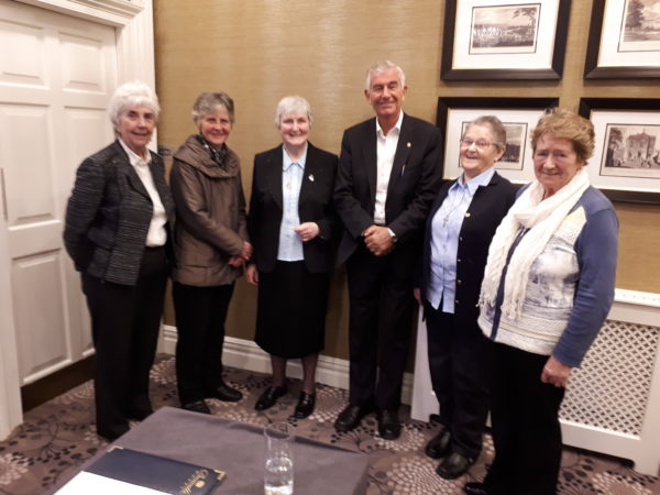 Deputy Maureen O’Sullivan (left) and Fr. Shay Cullen with members of Action to Prevent Trafficking (from left) Sr. Catherine Dunne, Sr. Mairin McDonagh, Sr. Maureen Dowley, and Sr. Mary Ryan