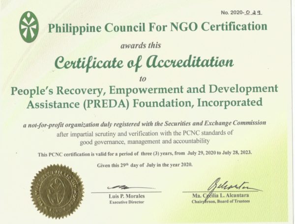 Preda Receives PCNC Certificate of Accreditation Preda Foundation Inc